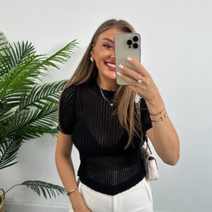 Kadın Kısa Kol Fitilli Transparan Örgü Kadın Triko Bluz