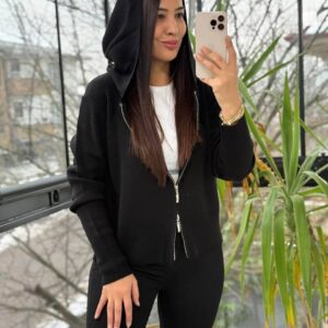 Kadın Triko Kapüşonlu Çift Fermuarlı Hırka