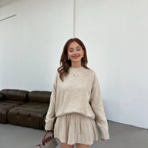 Kadın Oversize Uzun Kazak ve Volanlı Mini Etek Triko Alt Üst Takım - STANDART Kadın Oversize Uzun Kazak ve Volanlı Mini Etek Triko Alt Üst Takım - STANDART
